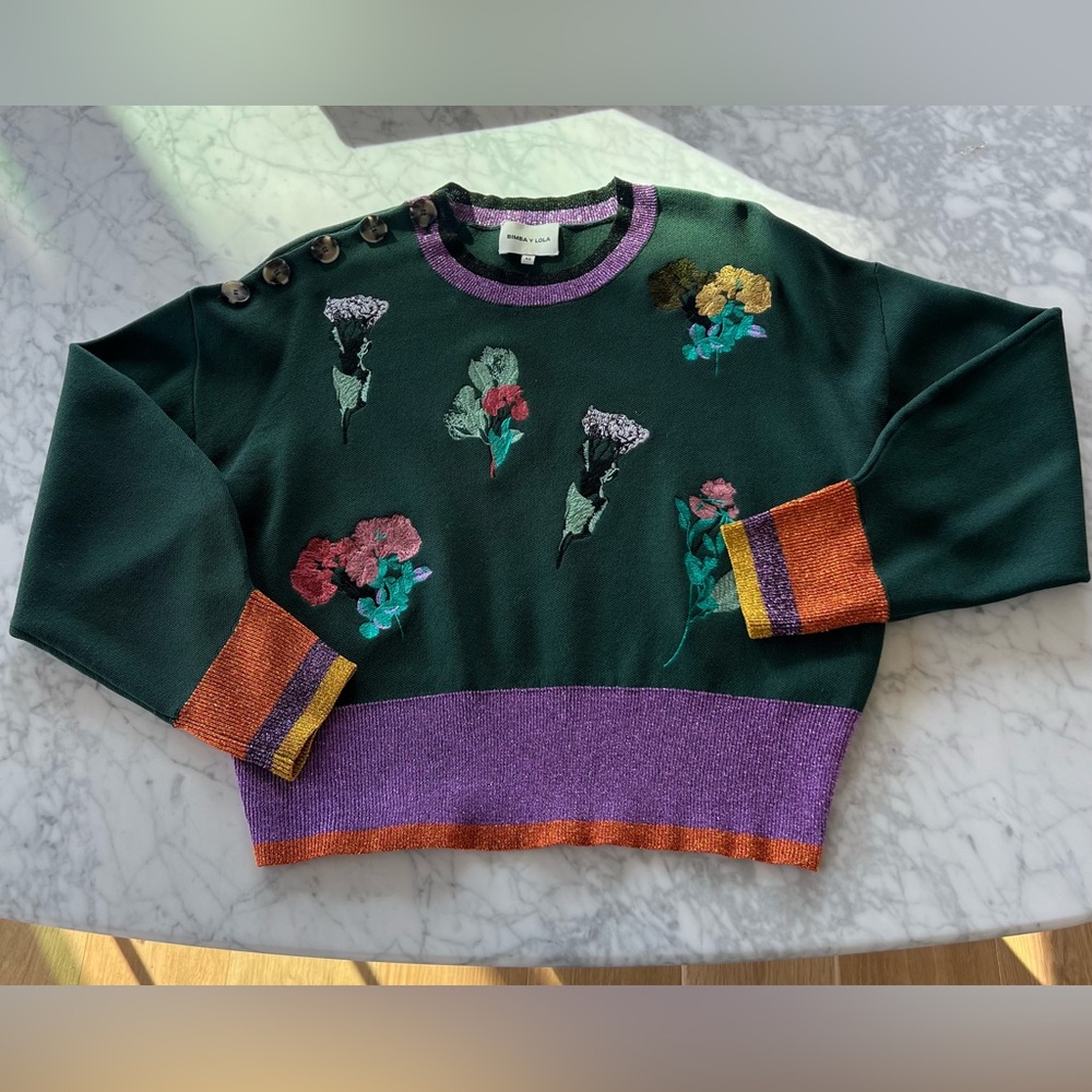 Bimba Y Lola Floral Embroidered Green Sweater